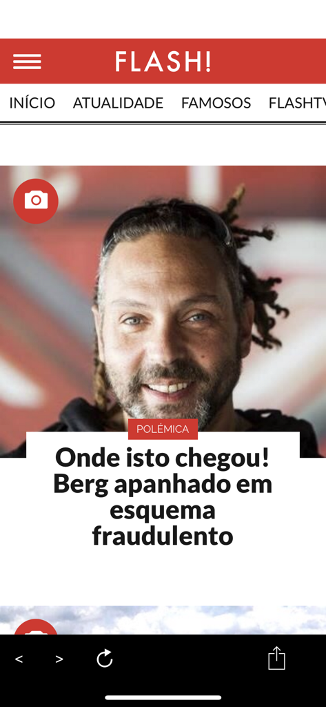 La interfaz de la aplicación móvil Flash mostrando un artículo de noticias de celebridades portuguesas sobre Berg