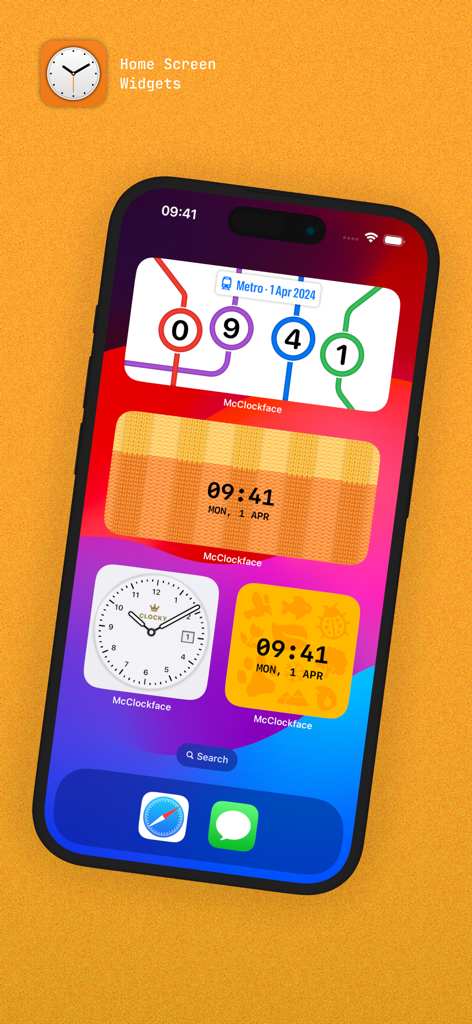 McClockface – Flip Clock - A variety of colorful and creative clock widgets on an iPhone home screen, including metro map and knitted texture designs.
