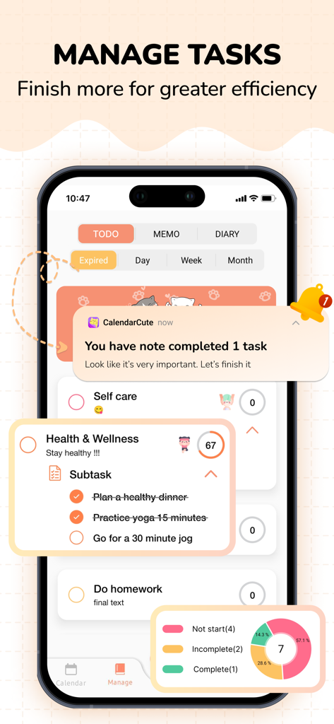 Task management screen of Cute Calendar app showing a to-do list with subtasks and a productivity donut chart