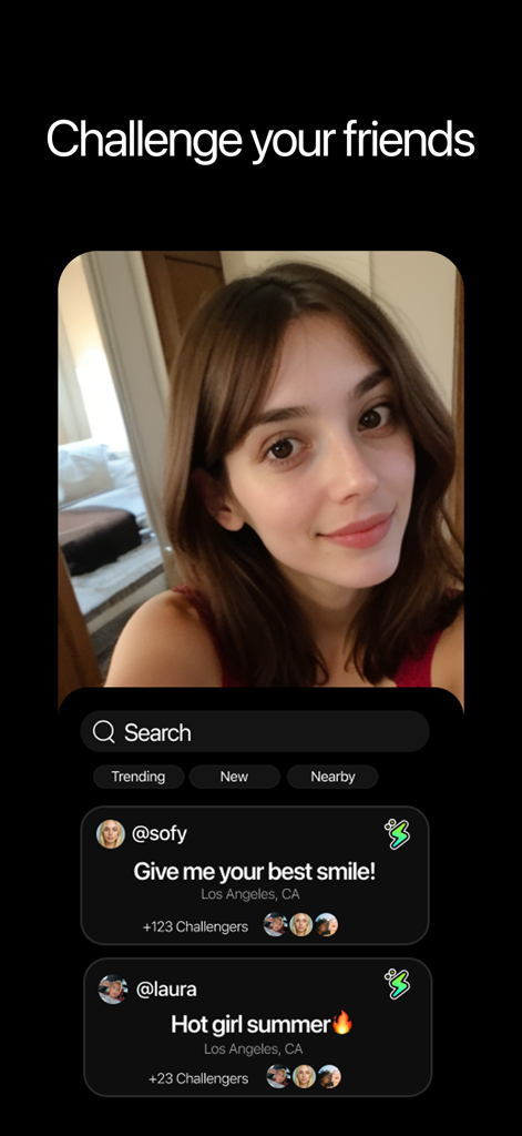 Waveful app screen showing the challenge your friends feature with creator profiles and trending social challenges