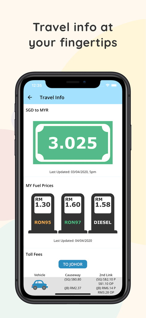 Beat the Jam app showing SGD to MYR exchange rates fuel prices and toll fees for Singapore and Malaysia border crossings