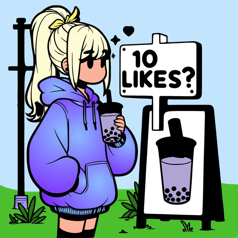 girl with oversized hoodie drinking boba and she has a high ponytail with a sign that says 10likes?