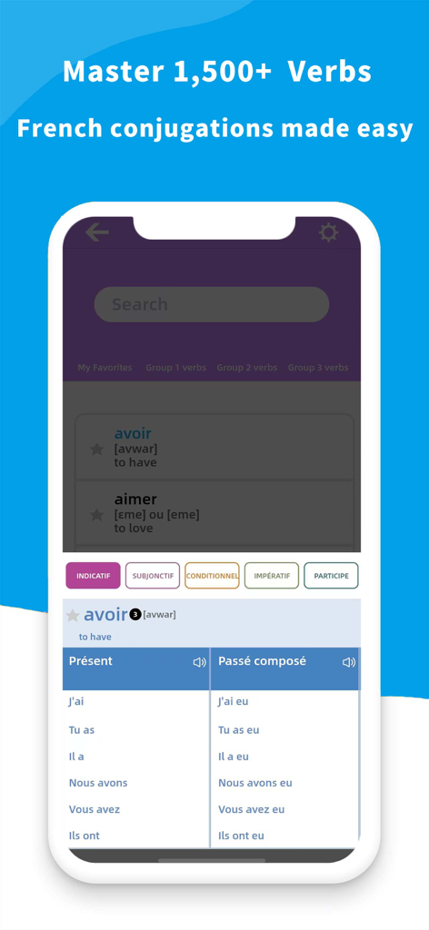 Learn French- For Beginners - Pantalla móvil de la aplicación Aprender francés que muestra tablas de conjugación para el verbo avoir en presente y pasado