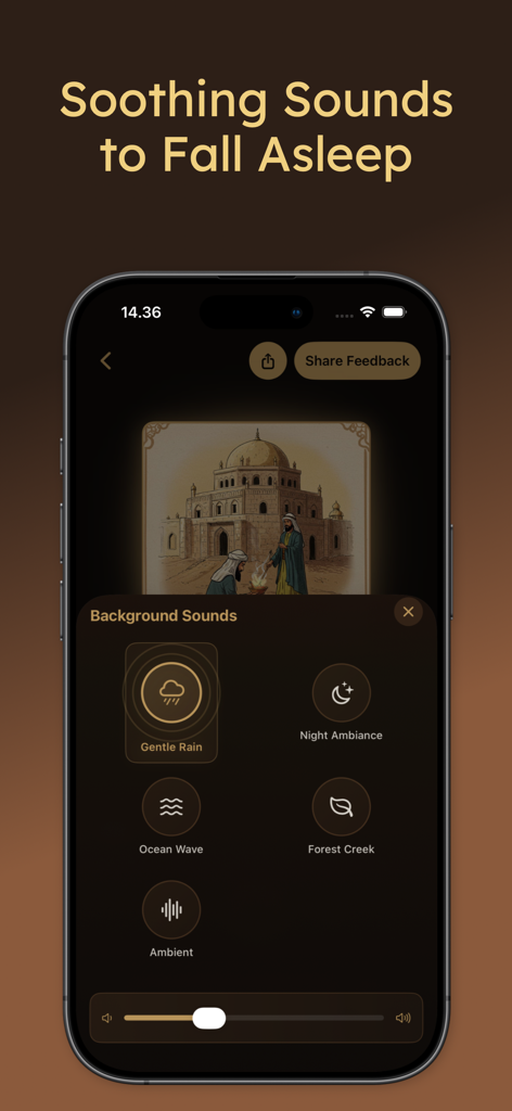 Qissah Stories Your AI Buddy - Interface of Qissah app showing background sound options for sleep including gentle rain and ocean wave
