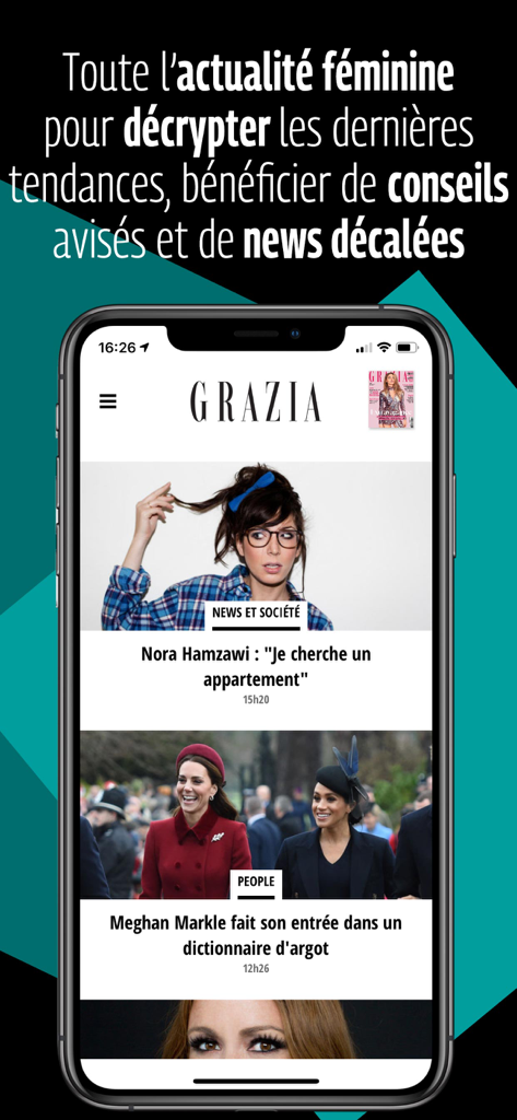 Interface do aplicativo móvel Grazia exibindo artigos de notícias de moda e celebridades