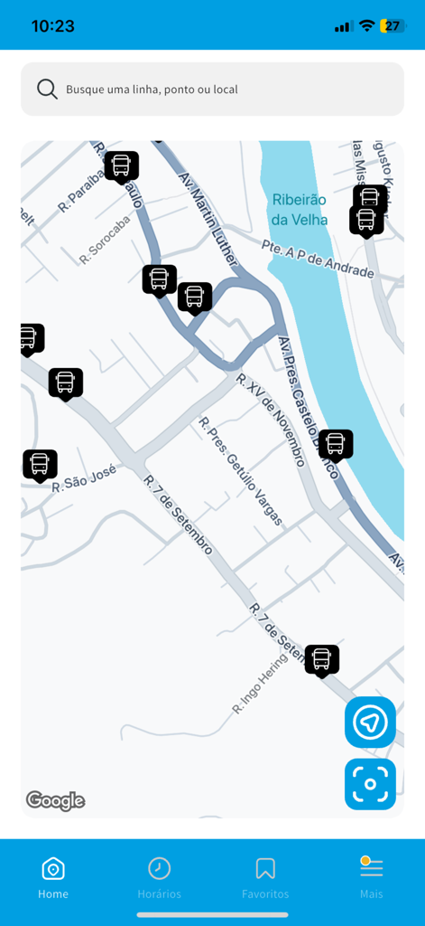 BluMob - Map interface of the BluMob app showing real-time bus locations and stops in Blumenau Brazil