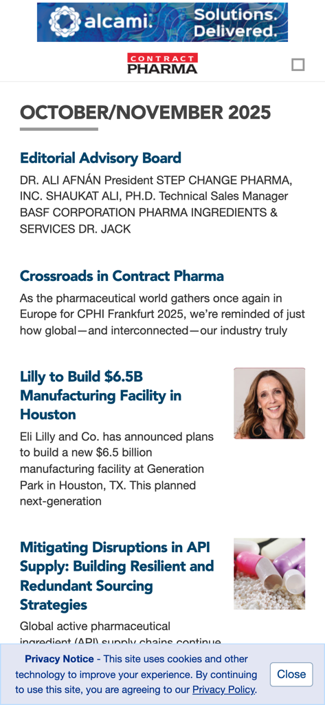 Contract Pharma - Interface of the Contract Pharma app displaying pharmaceutical industry news articles.