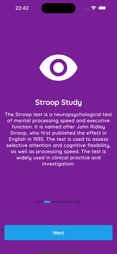 Stroop Buddy - Pantalla de introducción de la app Stroop Buddy explicando el test de Stroop para el rendimiento cognitivo.