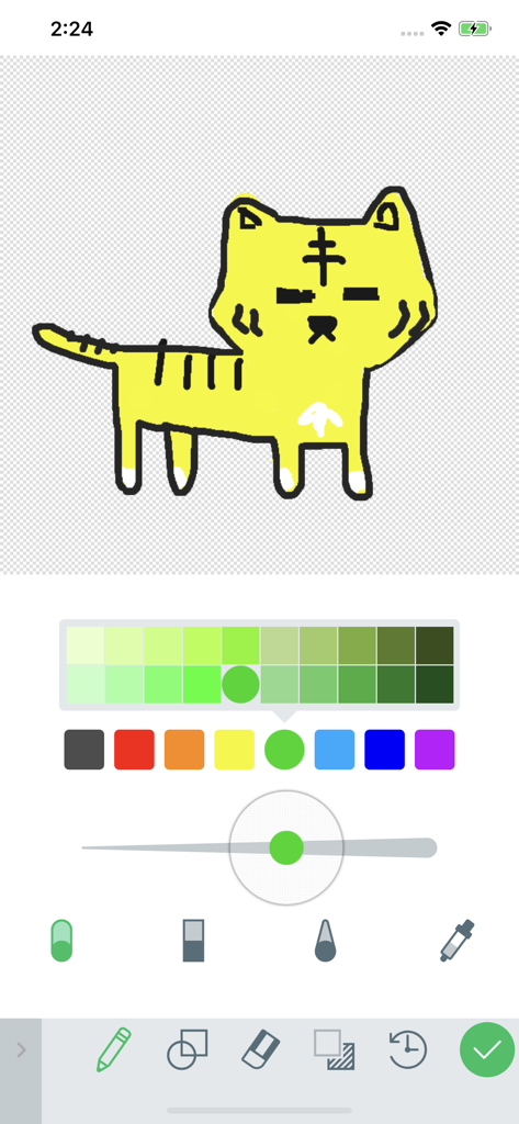 Springin' - The paint tool interface in Springin showing a hand-drawn yellow tiger and color palette