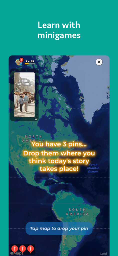 RocaNews app interface showing a world map minigame where users drop pins to locate where a news story takes place.