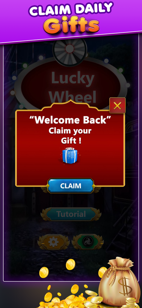 Lucky Scratch: Spin The Wheel - Daily gift claim screen with a blue gift box and gold coins in Lucky Scratch game