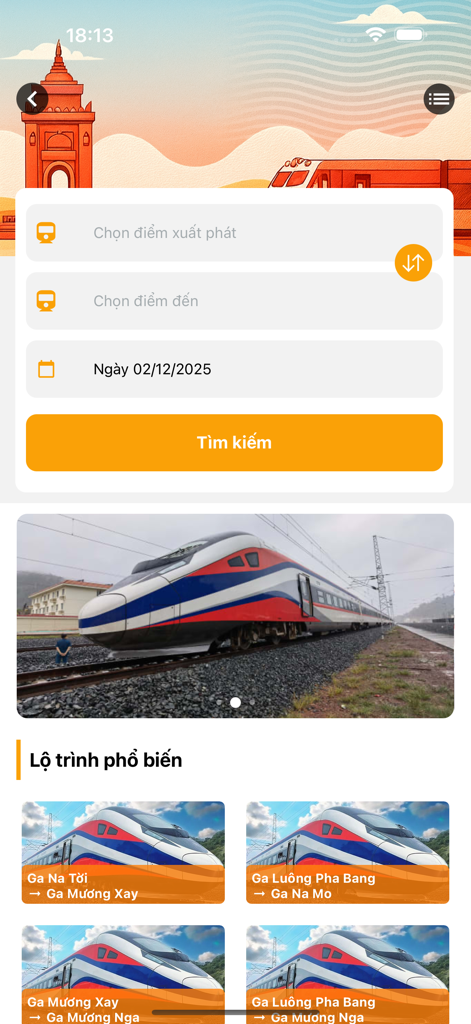 Lao Travel - ラオスの高速鉄道チケット予約のためのLao Travelアプリインターフェース。人気のルートと検索オプションが表示されています。