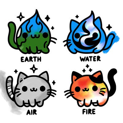 4 cats that represent the different elements, earth, water, air, and fire