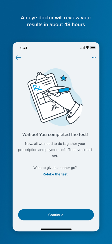 A screen from the Warby Parker Virtual Vision Test app confirming test completion with an illustration of a prescription being signed
