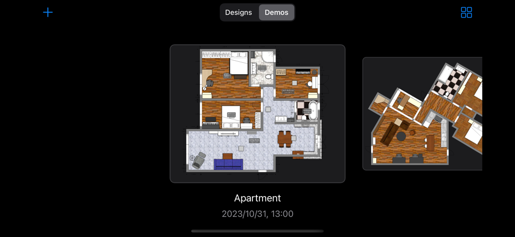 Vista de galería en la aplicación House Designer que muestra un plano de planta de apartamento detallado en 2D con muebles.