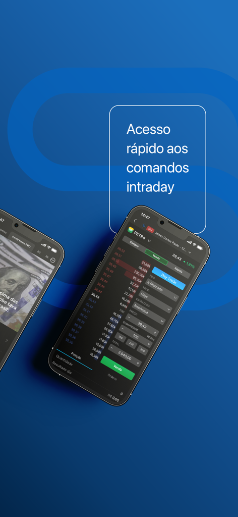 Interface do aplicativo móvel Scalper Pro exibindo comandos profissionais de negociação intraday e dados de mercado em tempo real em um iPhone