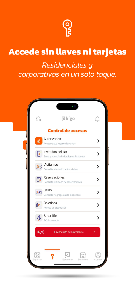 Kigo - Parkimovil - Kigo Parkimovilのモバイルアプリ画面に、住宅および法人アクセス制御機能が表示されている様子