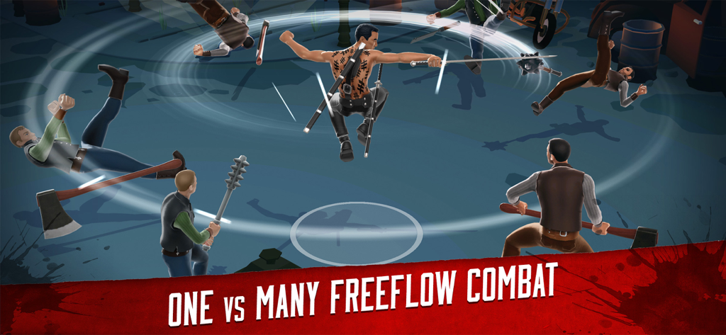 Badlands Blade Battle - Vista isométrica de un personaje realizando un ataque giratorio con espada contra múltiples enemigos en Badlands Blade Battle