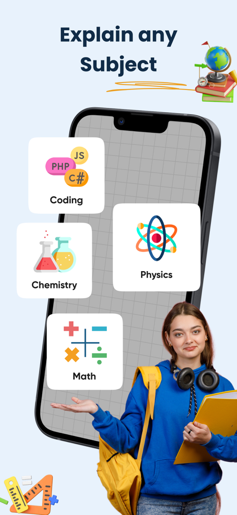 AI Picture Answer - Math solve - Un estudiante de secundaria parado frente a la interfaz de una aplicación que muestra iconos de materias como Matemáticas, Física, Química y Programación.