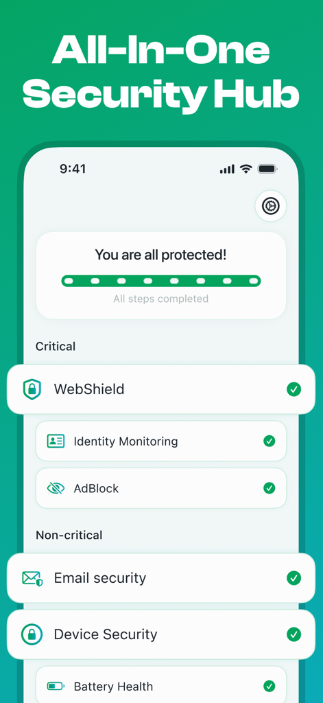 Guardy: Ai Security Protection - Guardy app dashboard showing active security features including WebShield and Identity Monitoring with a status message saying You are all protected