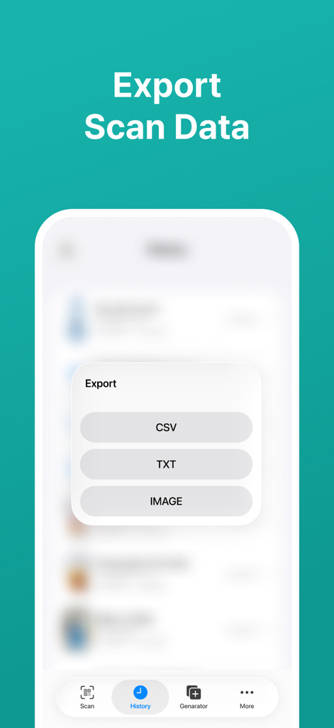 QR Code Scanner · Barcode - App interface showing the export scan data menu with options for CSV TXT and IMAGE formats