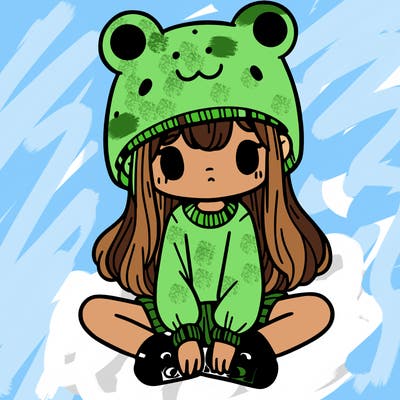 a girl wearing a frog hat and some frog socks