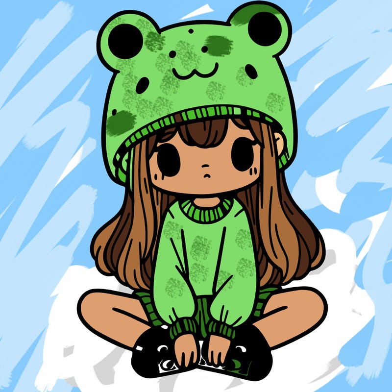 a girl wearing a frog hat and some frog socks