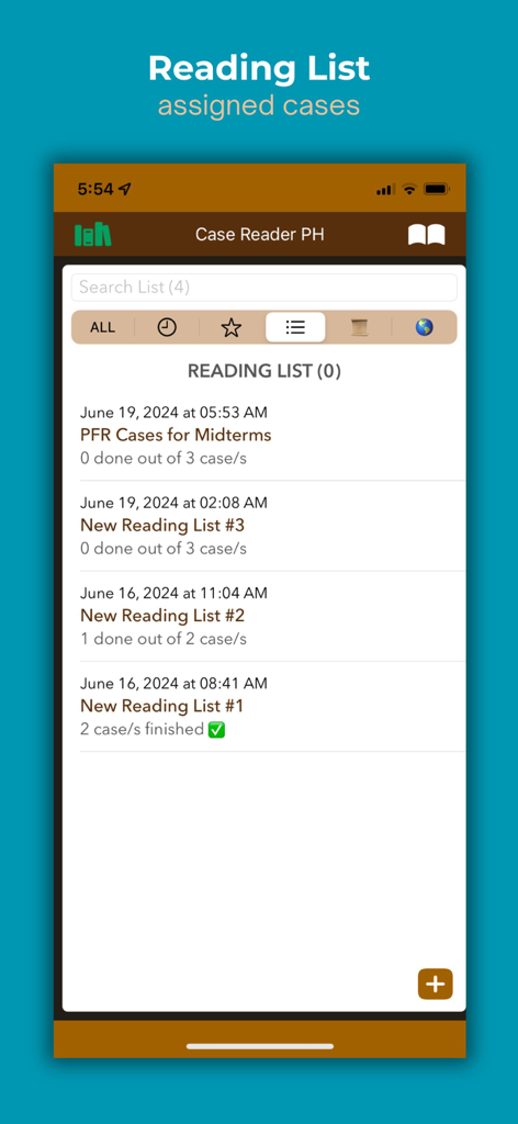 CaseReaderPH - Mobile app interface showing a reading list of Philippine legal cases for law students