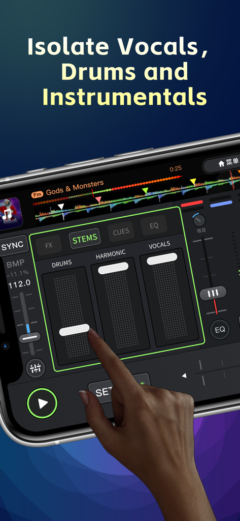 Ein Benutzer isoliert Musik-Stems wie Vocals und Drums in der DJing AI App