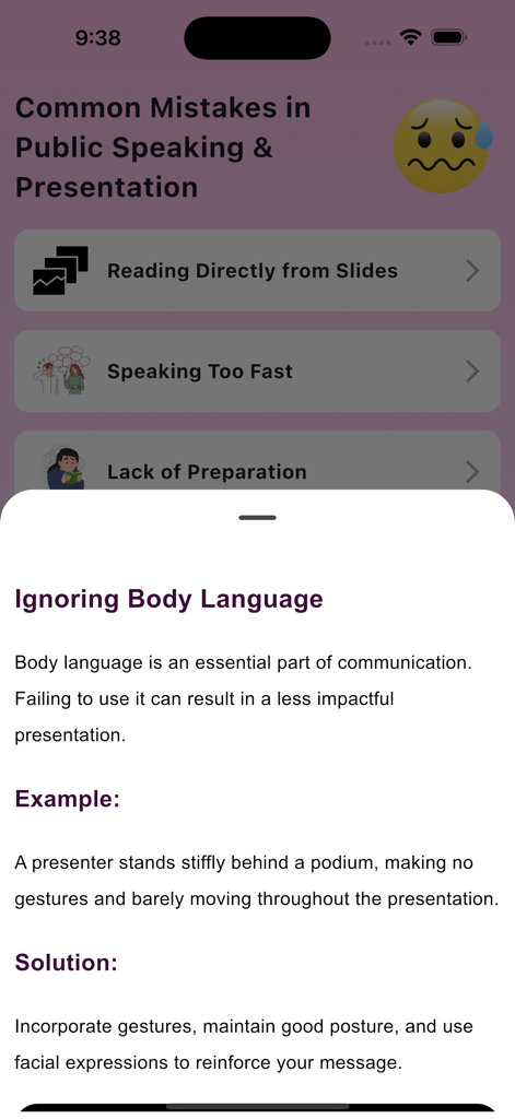 A screen showing common public speaking mistakes with a detailed guide on the importance of body language and its solution.