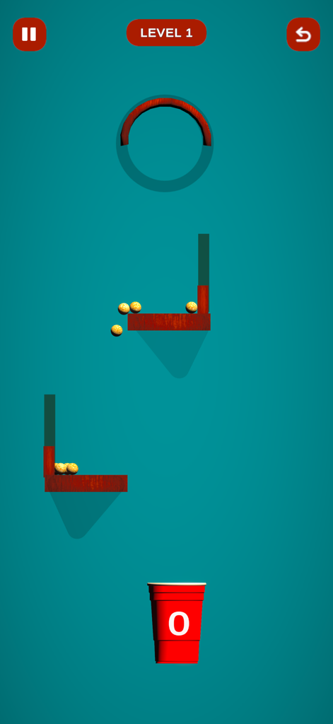 Crazy Popcorn Catch - Captura de pantalla del juego de Crazy Popcorn Catch que muestra granos de palomitas en plataformas de madera sobre una taza roja