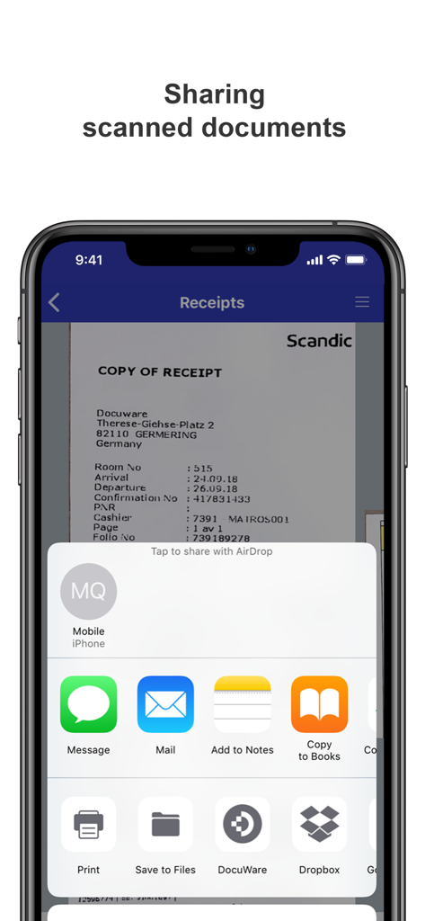 PaperScan - An iPhone displaying the PaperScan app sharing menu for a scanned receipt with options like Mail and Dropbox