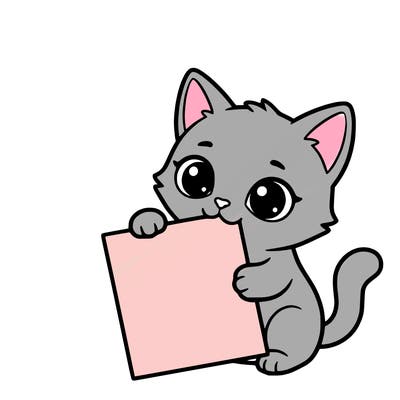 a small cat with a blank sheet of paper in its hand. the cat is sooooooo cute!