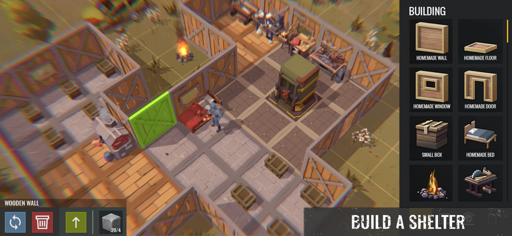 No Way To Die: Time to Survive - Top down view of a player constructing a wooden shelter with a building menu sidebar in No Way To Die