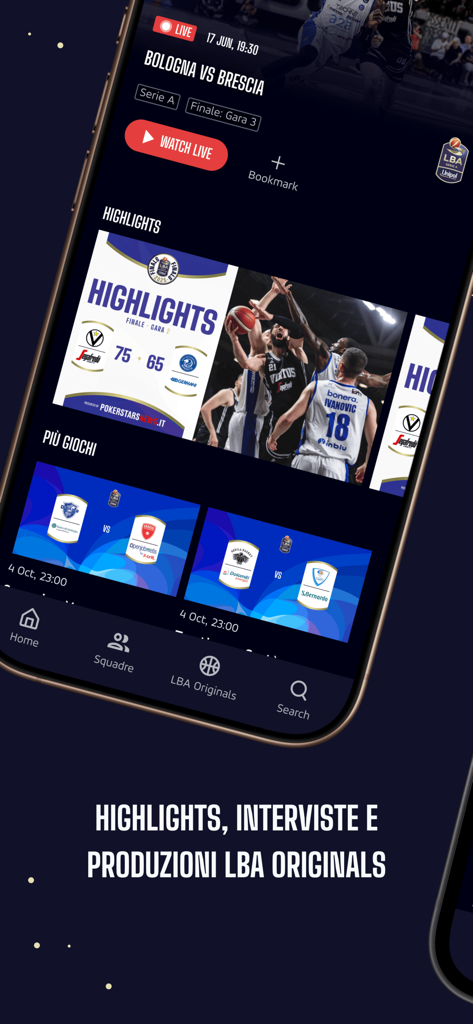 LBATV 앱 홈 화면에 라이브 이탈리아 농구 경기와 경기 하이라이트가 표시됩니다.