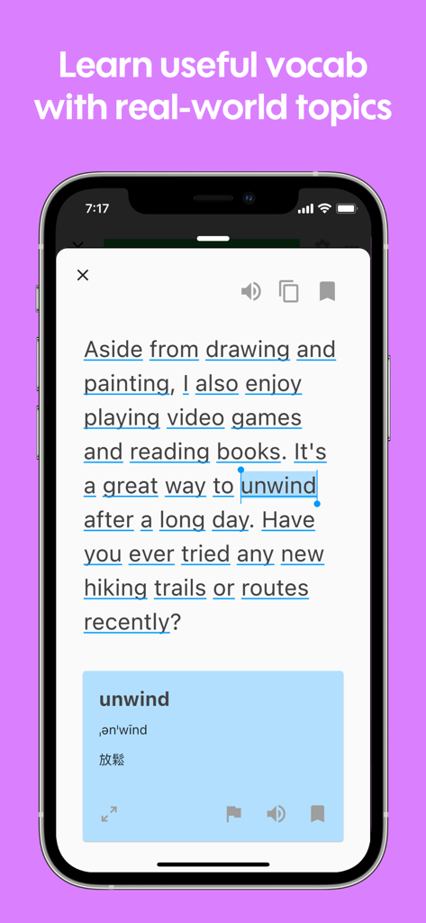 Toko: Speak English with AI - Tokoアプリでの英語語彙練習を示すiPhone画面。翻訳と発音ガイドが表示されています。