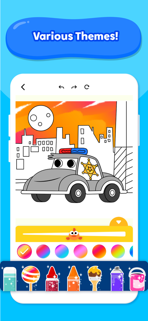 Baby Shark Coloring Book - A police car coloring page in the Baby Shark app with colorful markers and glitter tools