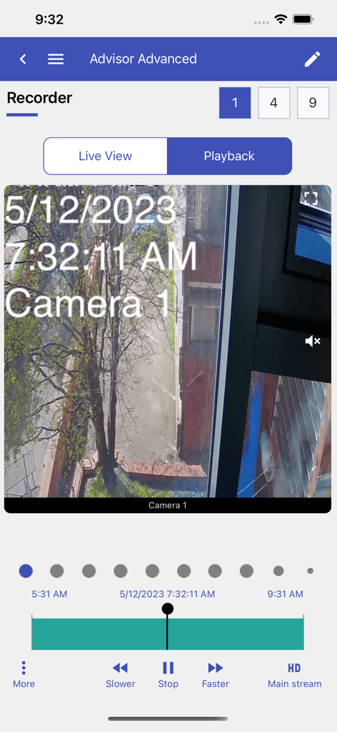 Advisor Advanced Pro - Captura de pantalla de un teléfono inteligente de la aplicación Advisor Advanced Pro que muestra la reproducción de una grabación de cámara de seguridad