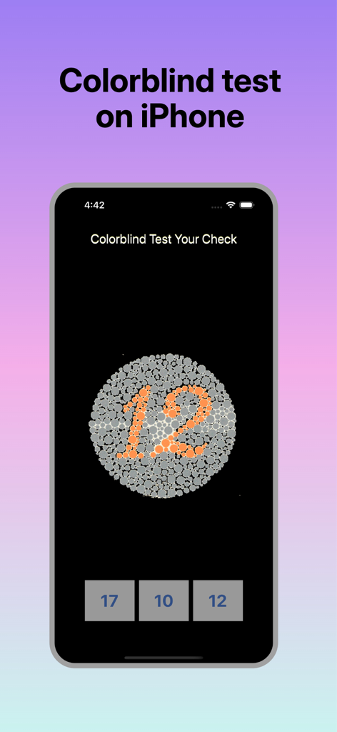 iPhone screen displaying an Ishihara colorblindness test plate with the number 12