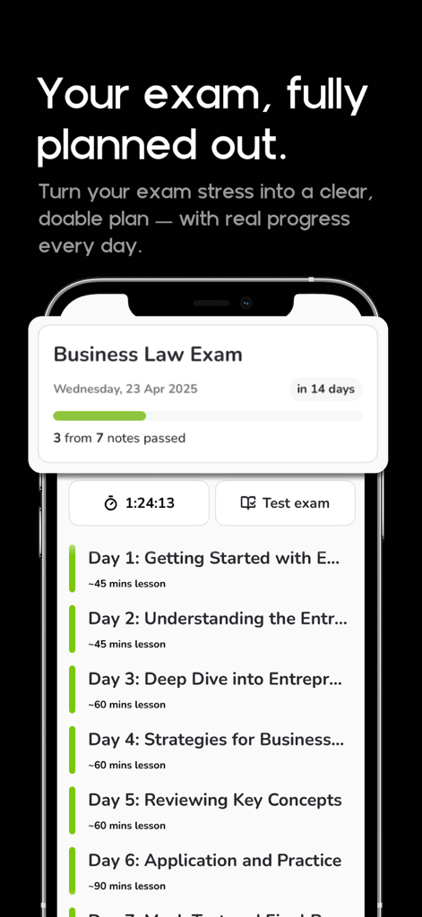 Exam planner: Study easy - A mobile app interface displaying a personalized daily study schedule and exam progress tracker.
