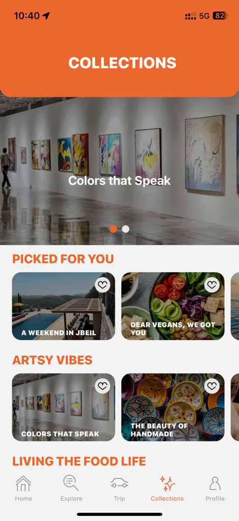 Bam Leb - Pantalla de colecciones de la aplicación Bam Leb que muestra categorías de viaje curadas como 'Ambientes Artísticos' y 'Viviendo la Vida Gastronómica' en el Líbano