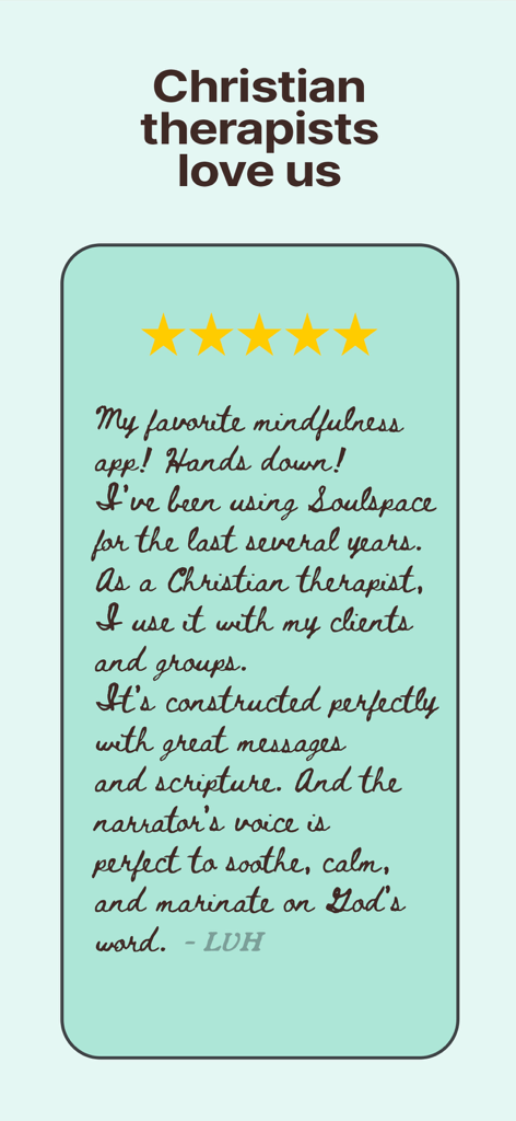 A five star review from a Christian therapist praising the Soulspace mindfulness app