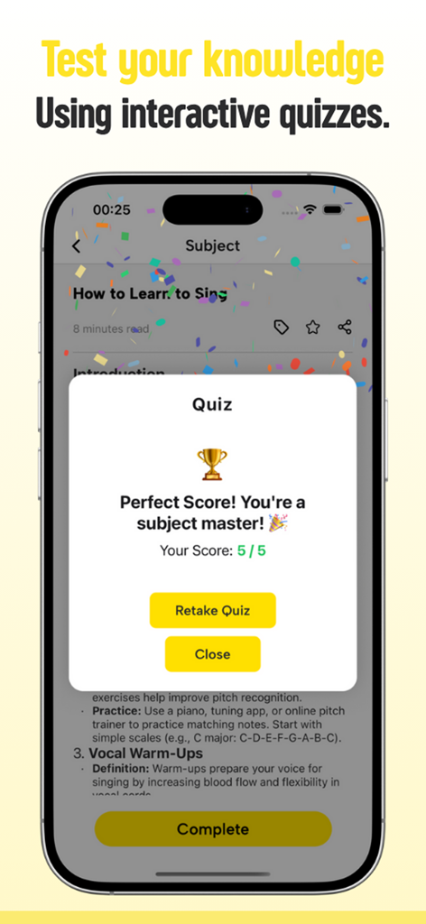 Sourcify - Sourcify App-Quiz-Ergebnisseite mit einer perfekten Punktzahl von fünf von fünf, einem goldenen Pokalsymbol und Konfetti.