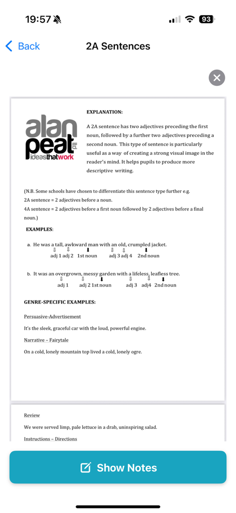 Alan Peat's Exciting Sentences - Screen showing 2A sentence explanation and writing examples for teachers