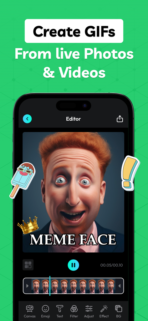 AI GIF Maker : Photo to GIF - Interfaz de Creador de GIFs IA que muestra la edición de una cara de meme con stickers y texto