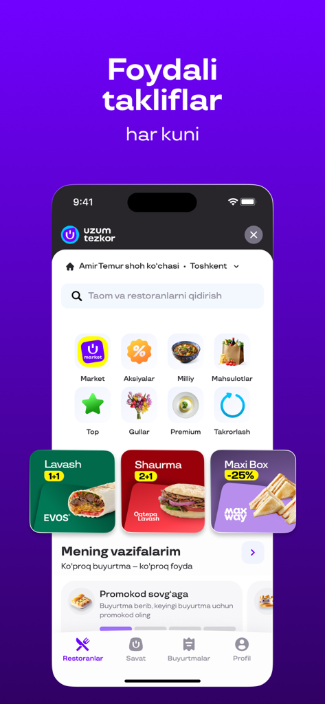 Uzum Tezkor－Ovqat, mahsulotlar - Interface de l'application de livraison de nourriture Uzum Tezkor montrant des catégories de plats et des offres quotidiennes