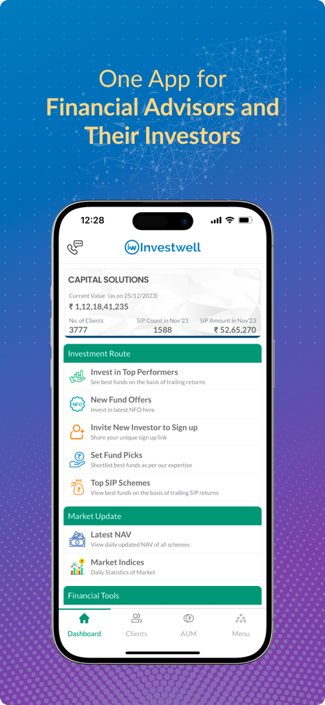 Mint by Investwell - Dashboard der Mint by Investwell App, das Anlage-Routen und Portfolio-Statistiken zeigt