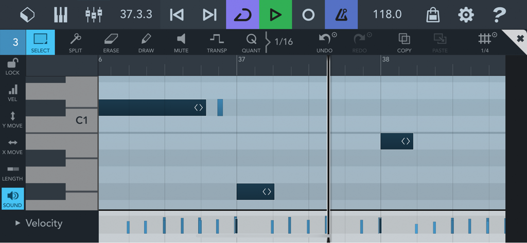 L'editor MIDI in Cubasis LE 3 che mostra il piano roll e i controlli di velocity delle note per una produzione musicale precisa su mobile
