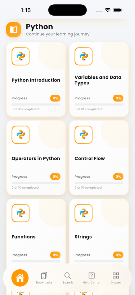 The main dashboard of the Learn Python Programming Pro app displaying course cards for introductory topics like variables, operators, and control flow.
