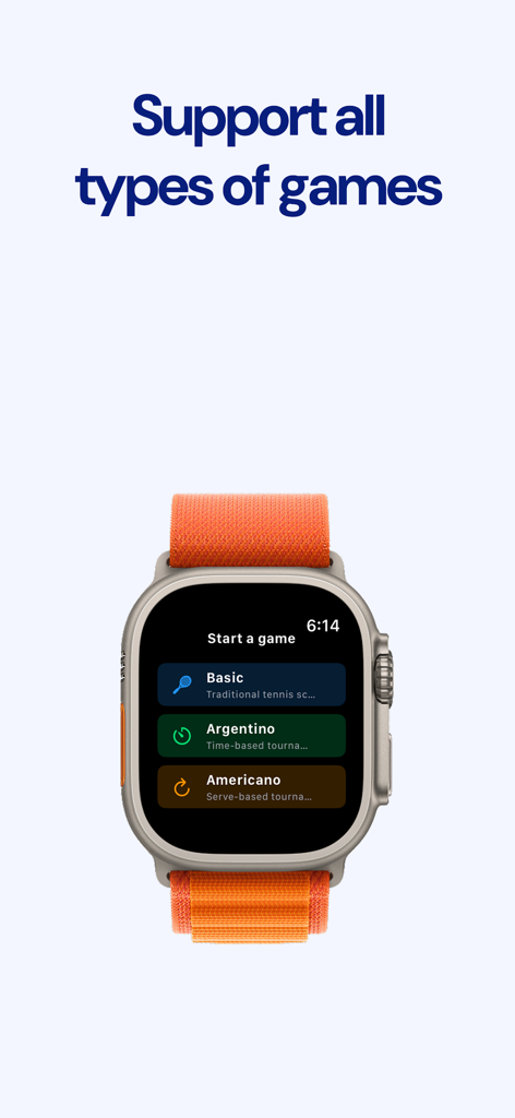 Padel Tally - Scoring Tracking - Apple Watch-Bildschirm mit Padel Tally-Spieloptionen, einschließlich der Modi Basic, Argentino und Americano.